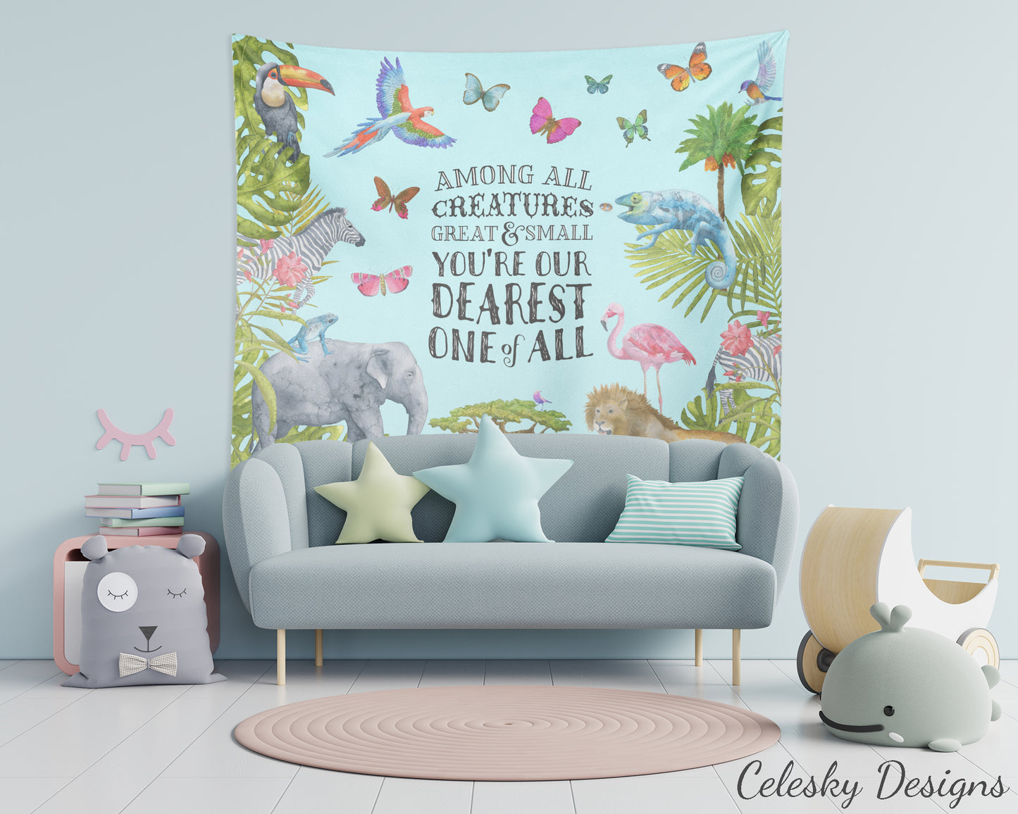 Nursery Tapestry safari rug animal room decor baby art elephant lion zebra kids artwork childrens childs jungle boys or girls tapestries