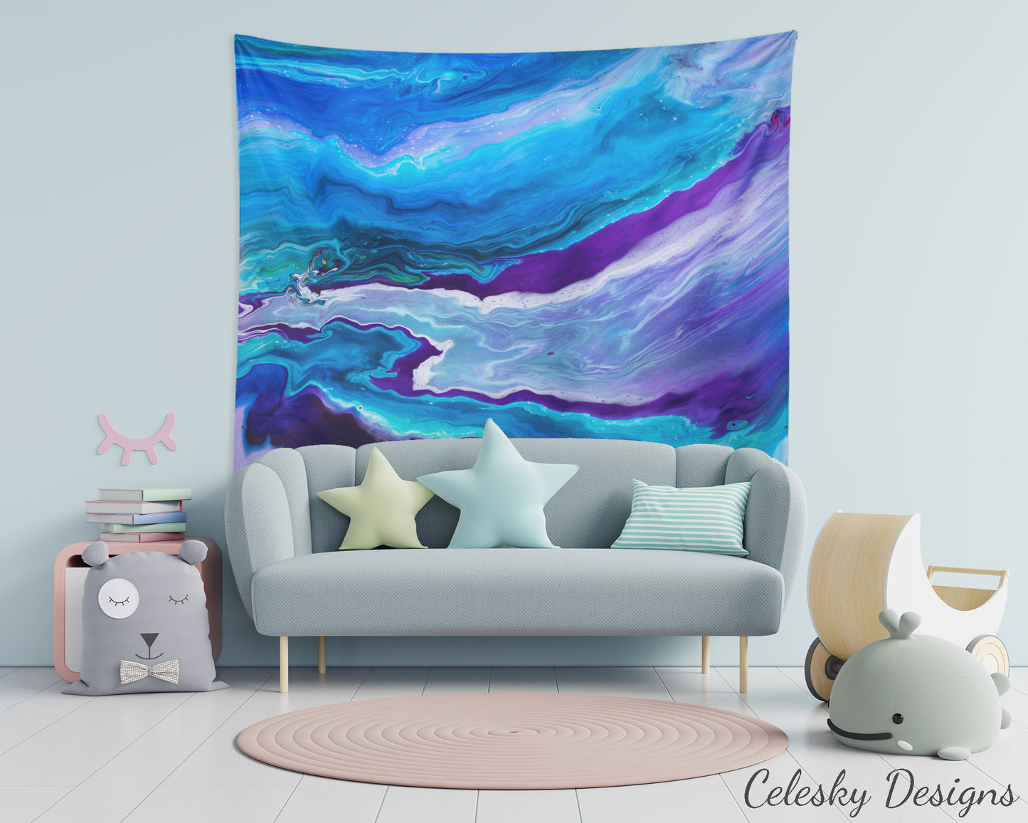 Abstract Blue Tapestry Psychadelic abstract Art Wall Hanging Artsy Unique Colorful Gift Blue Ocean Tapestries Sky Aqua Calm Purple