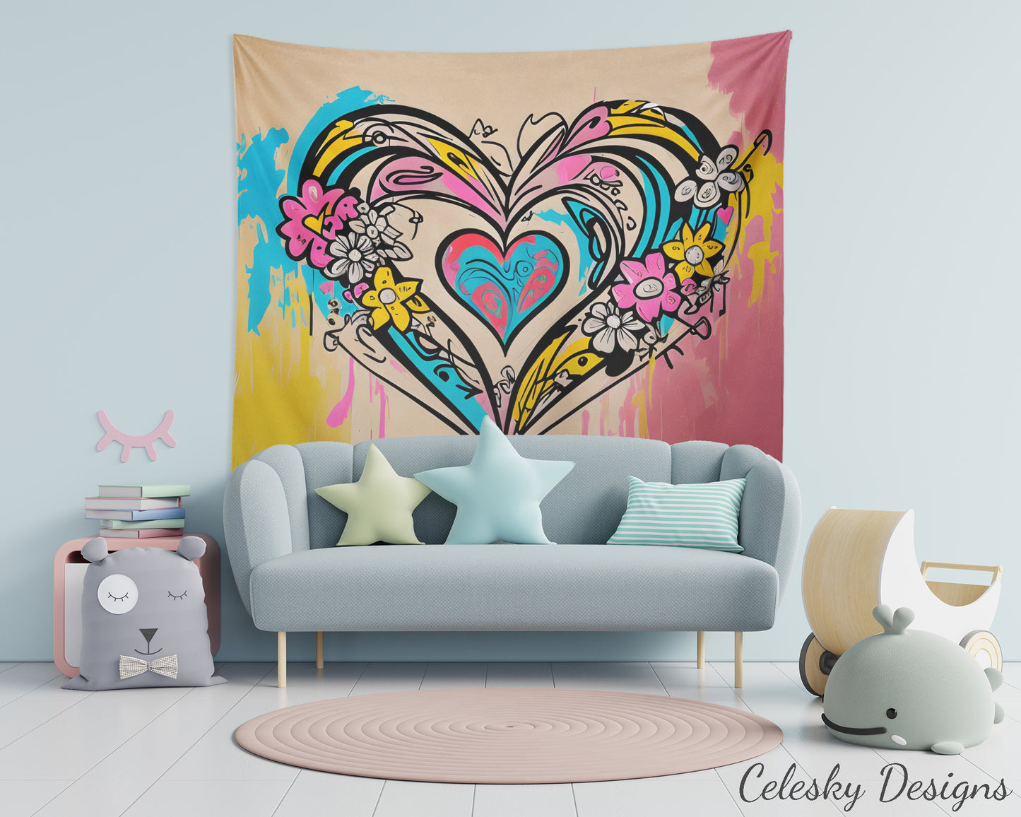 Hearts Tapestry colorful heart love wall art pink abstract heart art tapestry hearts tapestries pink blue
