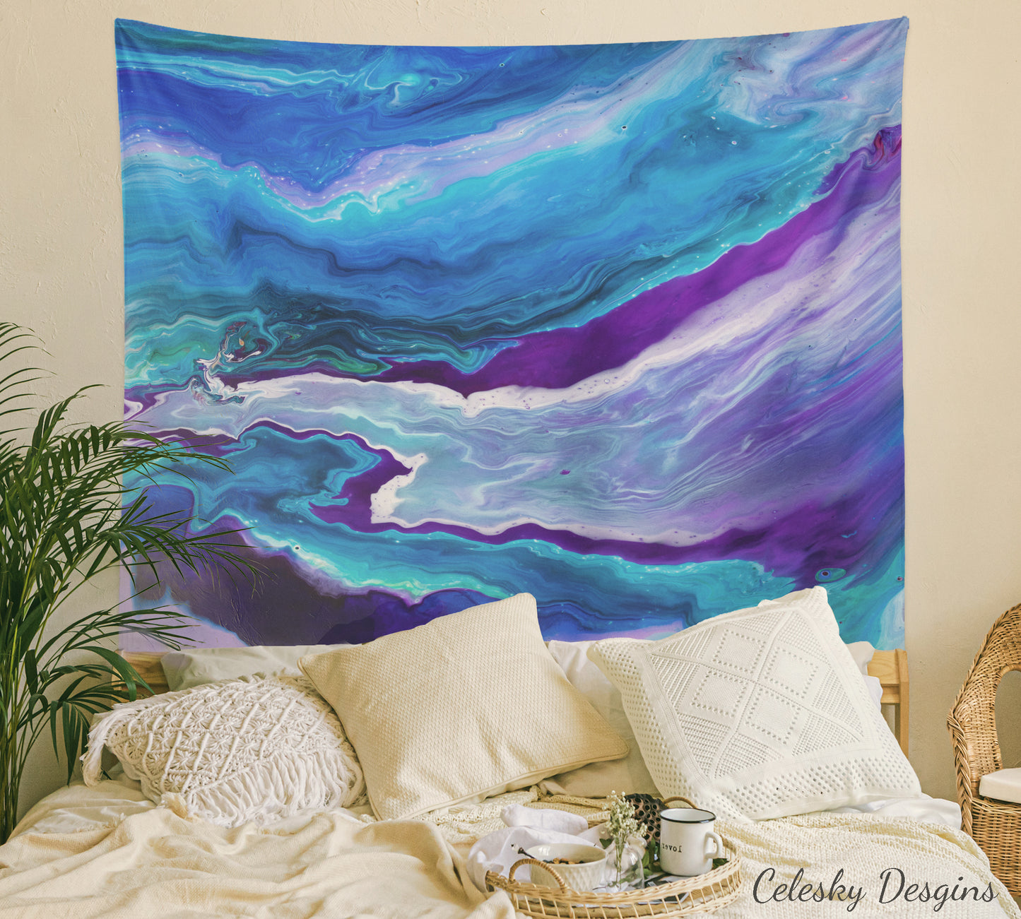 Abstract Blue Tapestry Psychadelic abstract Art Wall Hanging Artsy Unique Colorful Gift Blue Ocean Tapestries Sky Aqua Calm Purple