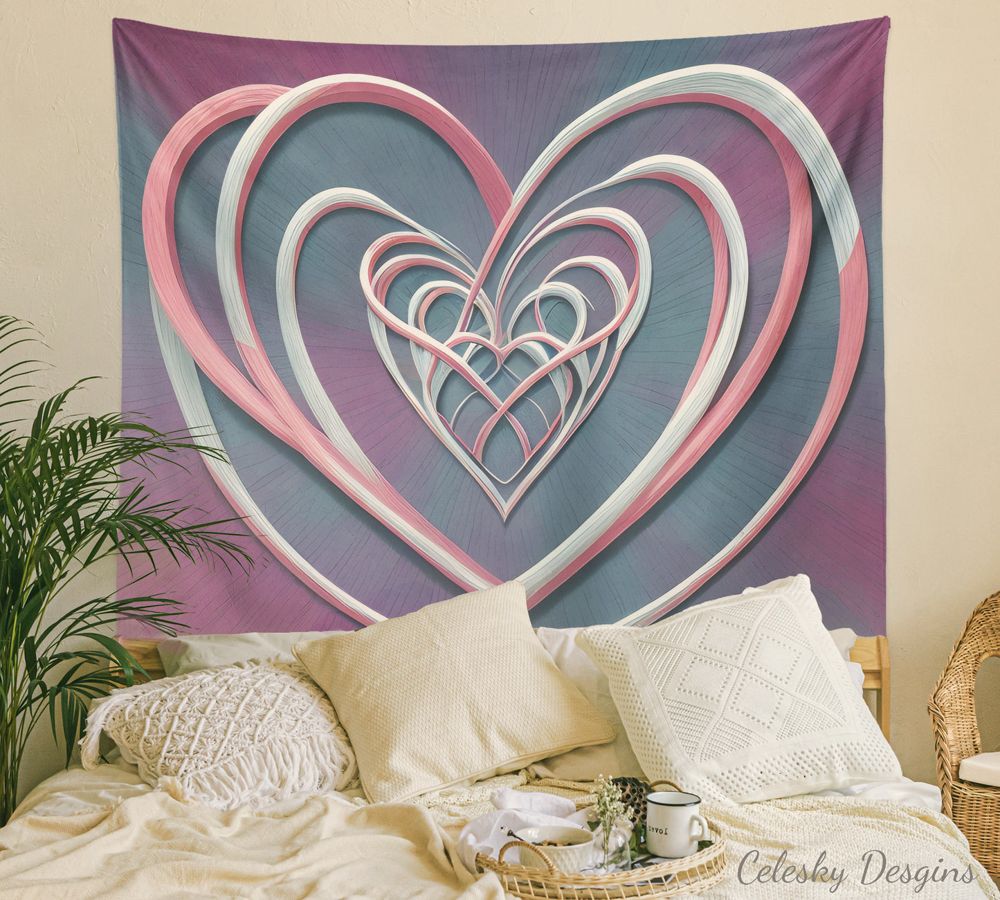 Hearts Tapestry Intertwined heart wall art love tapestry blue pink tapestries hippy tapestry