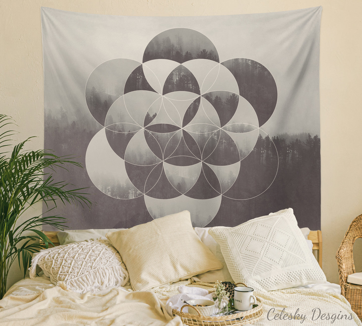 Sacred Geometry Gray Tapestry Flower of Life Tapestry Deep Purple Tapestry Woods Forest Trees