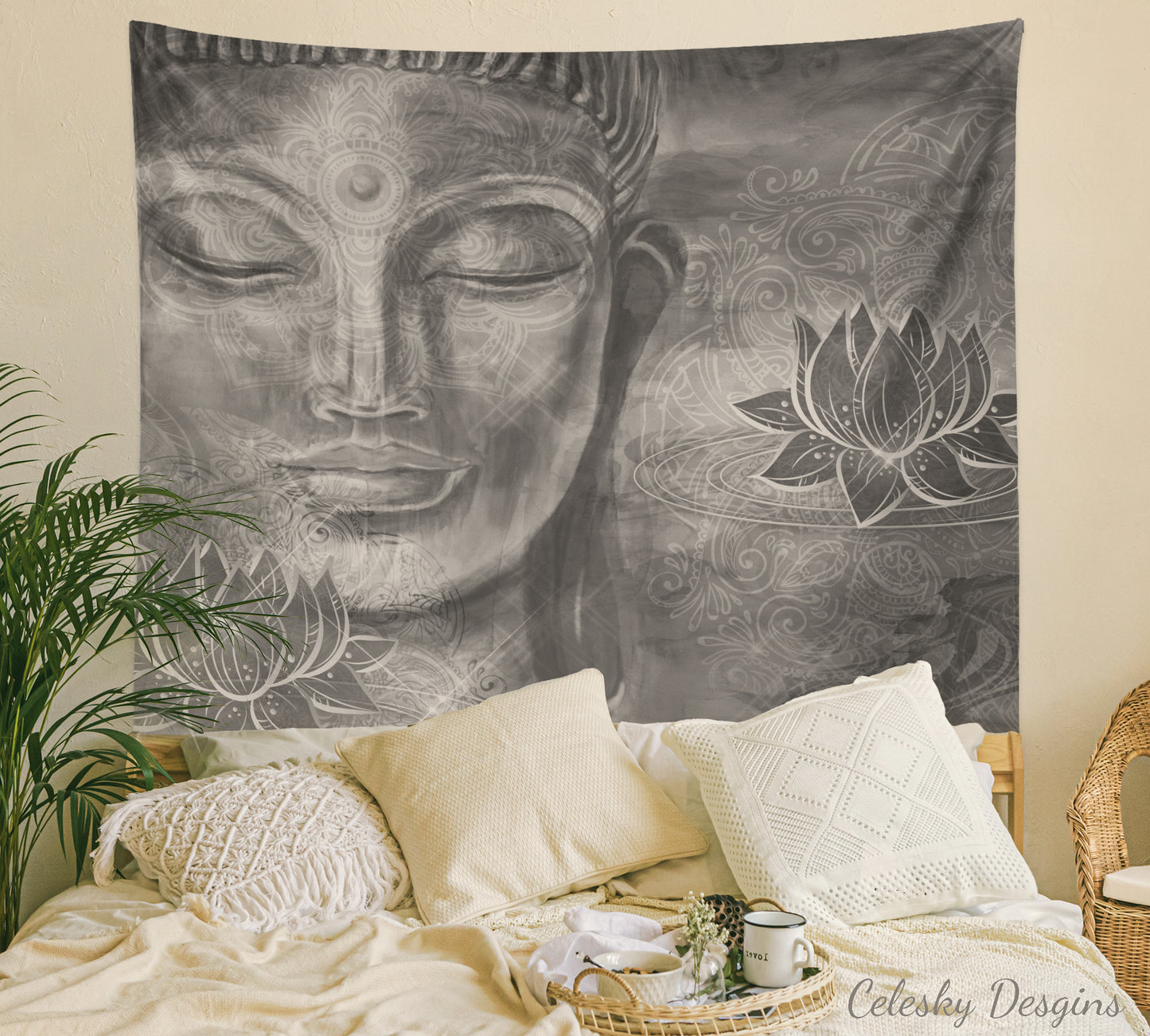 Buddha Tapestry B&w Buddha Wall Art Gray Tapestry Spiritual Tapestries Buddha Tapestry Lotus Flower Tapestries Buddha Art Grey