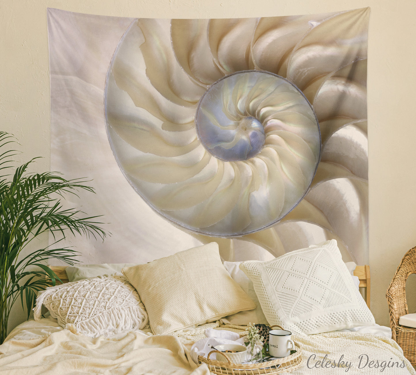 Fibonacci Shell tapestry beige beach tapestry nautilus shell art ocean tapestry