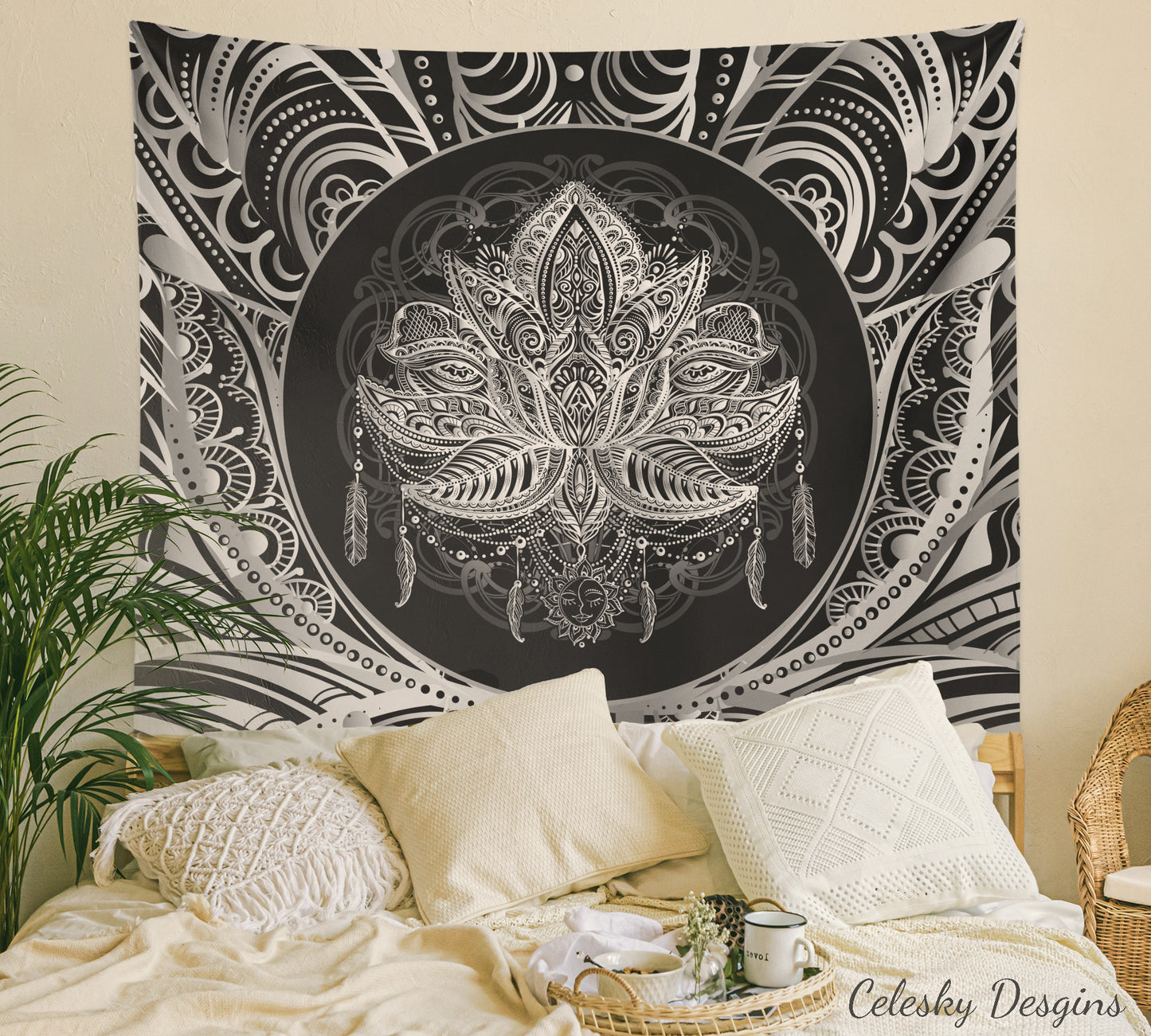 Lotus Tapestry Spiritual Tapestry Sacred Geometry Wall Hanging black white gray Tapestry Boho Wall Decor Lotus Tapestry Spiritual Decor