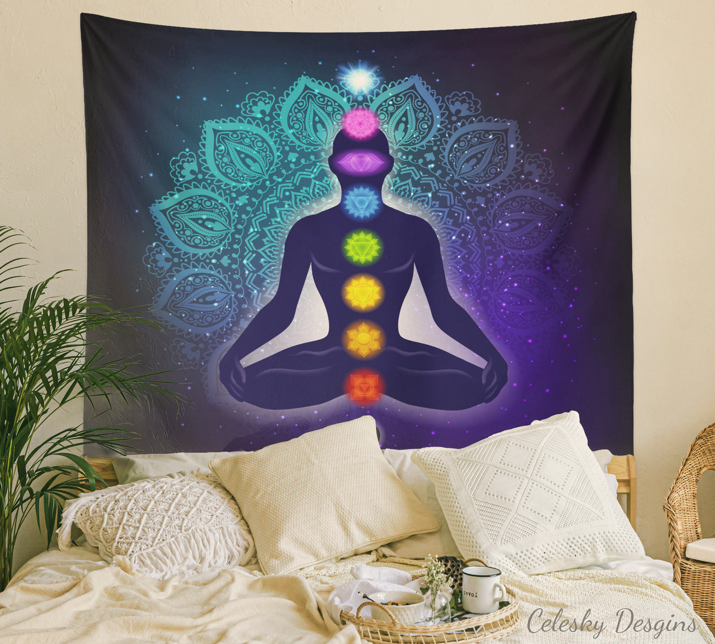 Chakra Blue Tapestry spiritual Wall Art mandala meditation chakras tapestries