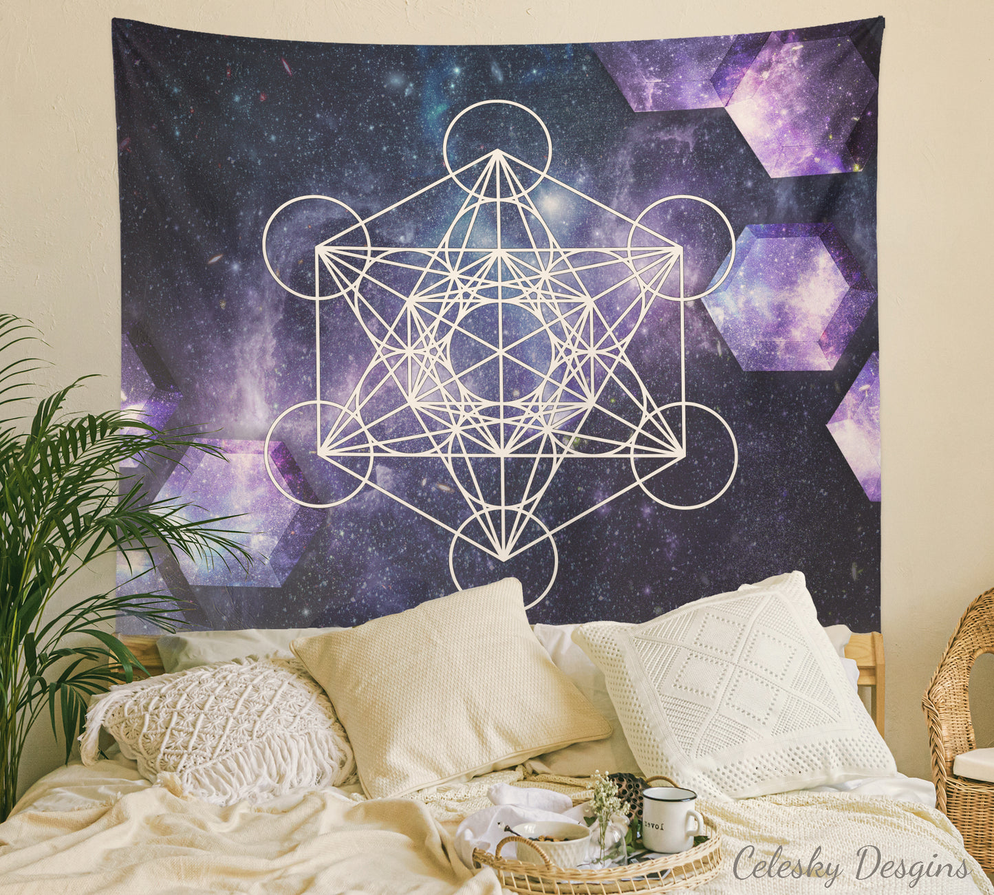 Metatron's Cube Tapestry sacred geometry blue purple galaxy Wall Hanging Tapestries Spiritual Tapestry