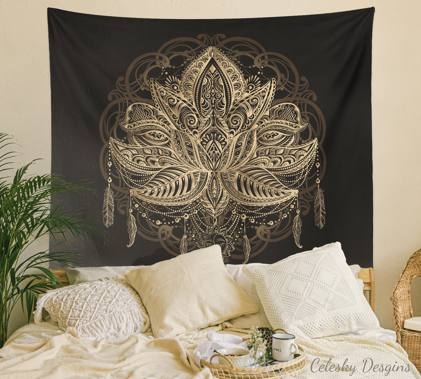 Lotus Tapestry Spiritual Tapestry Sacred Geometry Wall Hanging black gold