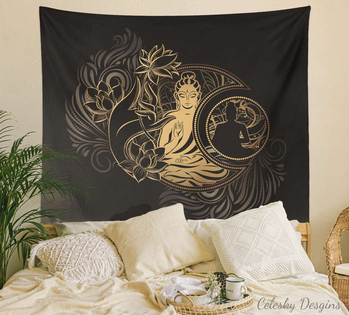 Buddha Tapestry lotus flower black gold spiritual tapestry