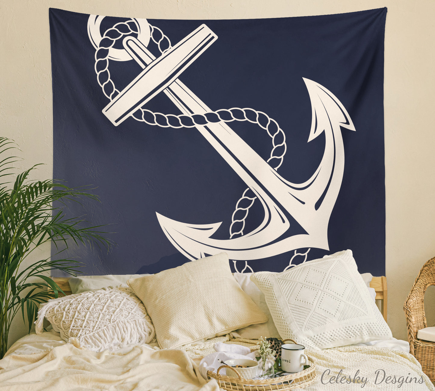 Anchor tapestry nautical tapestry navy white rope anchors wall hanging boating tapestries ocean beach decor