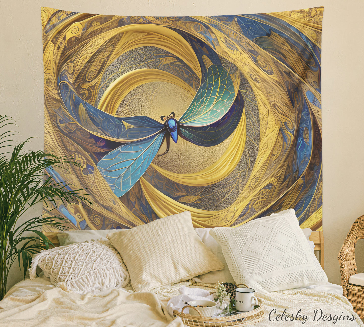 Dragonfly Tapestry abstract art dragonflies gold blue Tapestry