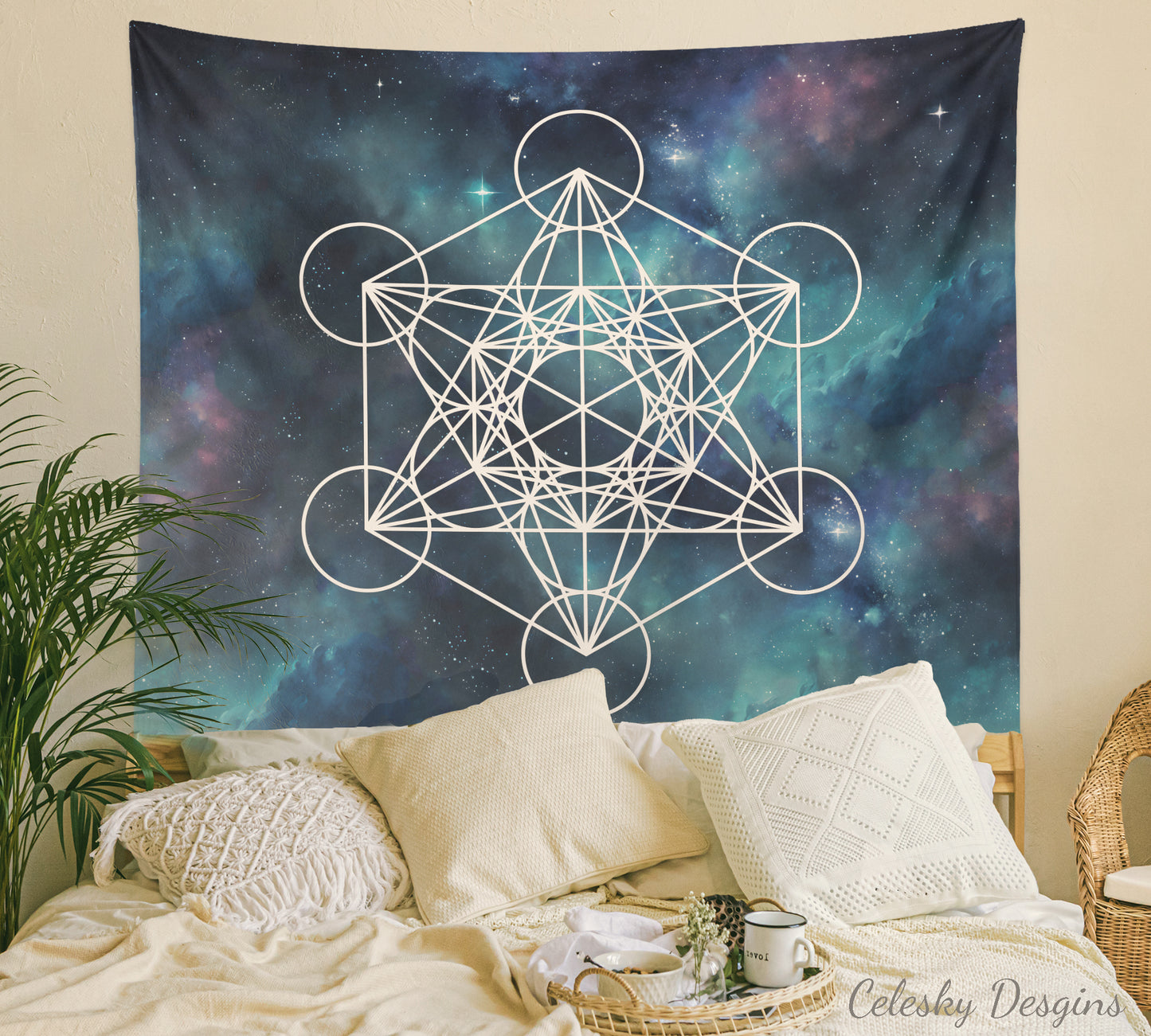 Metatron's Cube Tapestry Sacred Geometry Tapestry galaxy metatrons Wall Hanging blue Tapestry spiritual tapestry