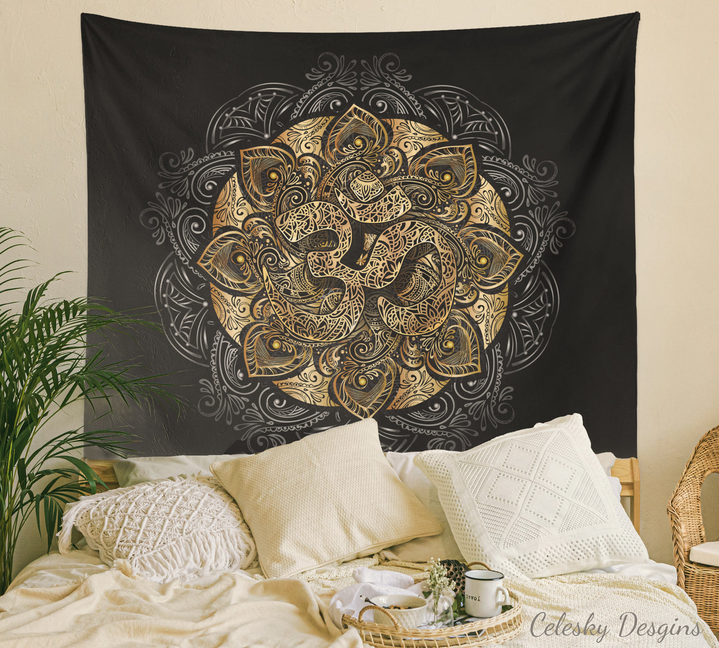 Om Tapestry spiritual Wall Art black gold tapestries