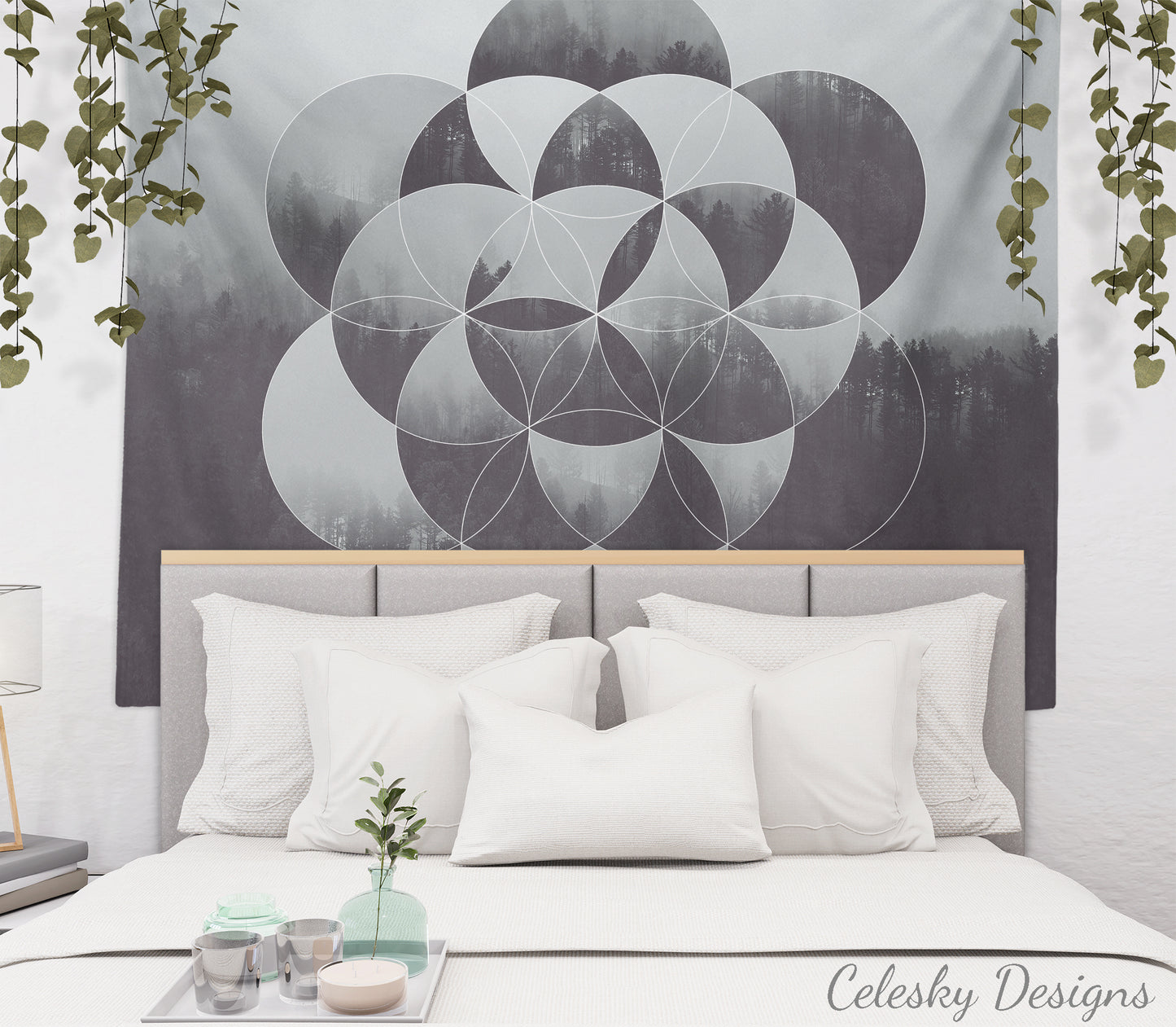 Sacred Geometry Gray Tapestry Flower of Life Tapestry Deep Purple Tapestry Woods Forest Trees
