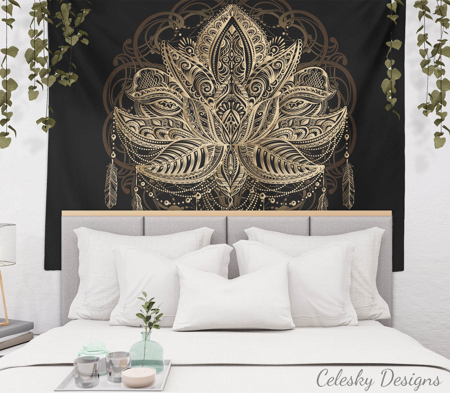 Lotus Tapestry Spiritual Tapestry Sacred Geometry Wall Hanging black gold