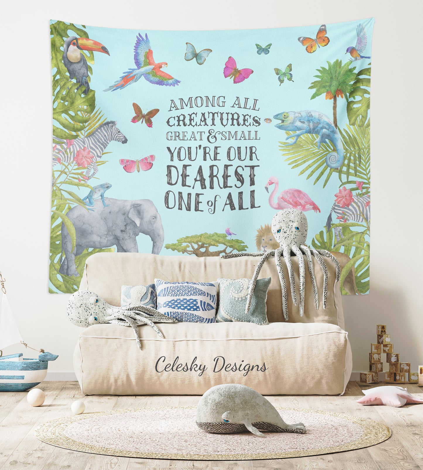 Nursery Tapestry safari rug animal room decor baby art elephant lion zebra kids artwork childrens childs jungle boys or girls tapestries