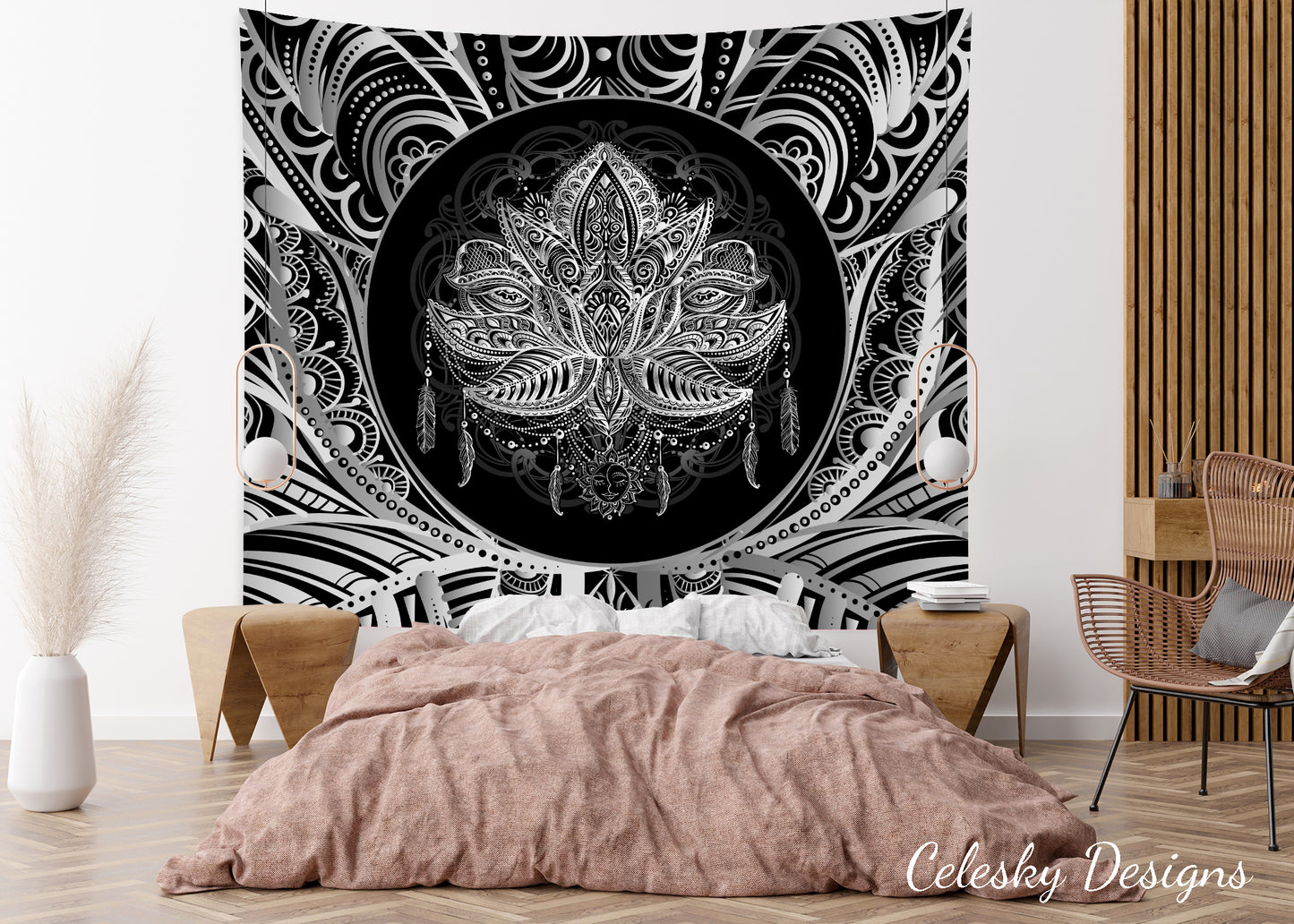 Lotus Tapestry Spiritual Tapestry Sacred Geometry Wall Hanging black white gray Tapestry Boho Wall Decor Lotus Tapestry Spiritual Decor