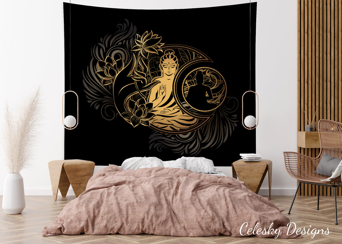 Buddha Tapestry lotus flower black gold spiritual tapestry