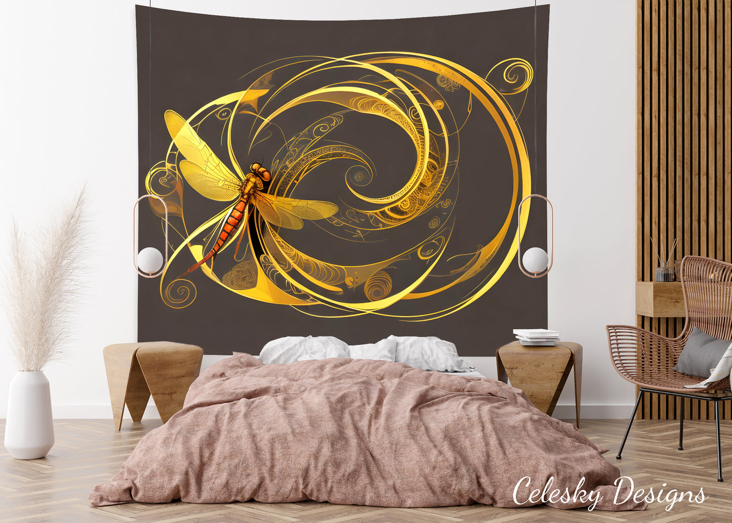 Gold Dragonfly Tapestry Dragonflies Art blue gray Tapestry golden dragonfly Tapestries swirly
