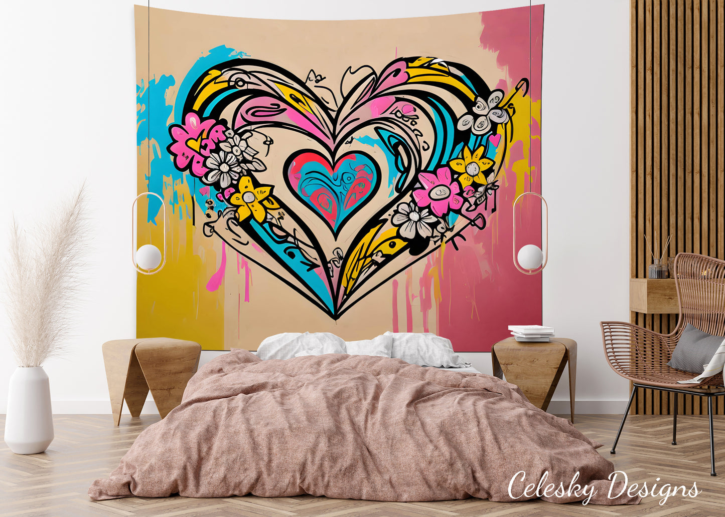 Hearts Tapestry colorful heart love wall art pink abstract heart art tapestry hearts tapestries pink blue