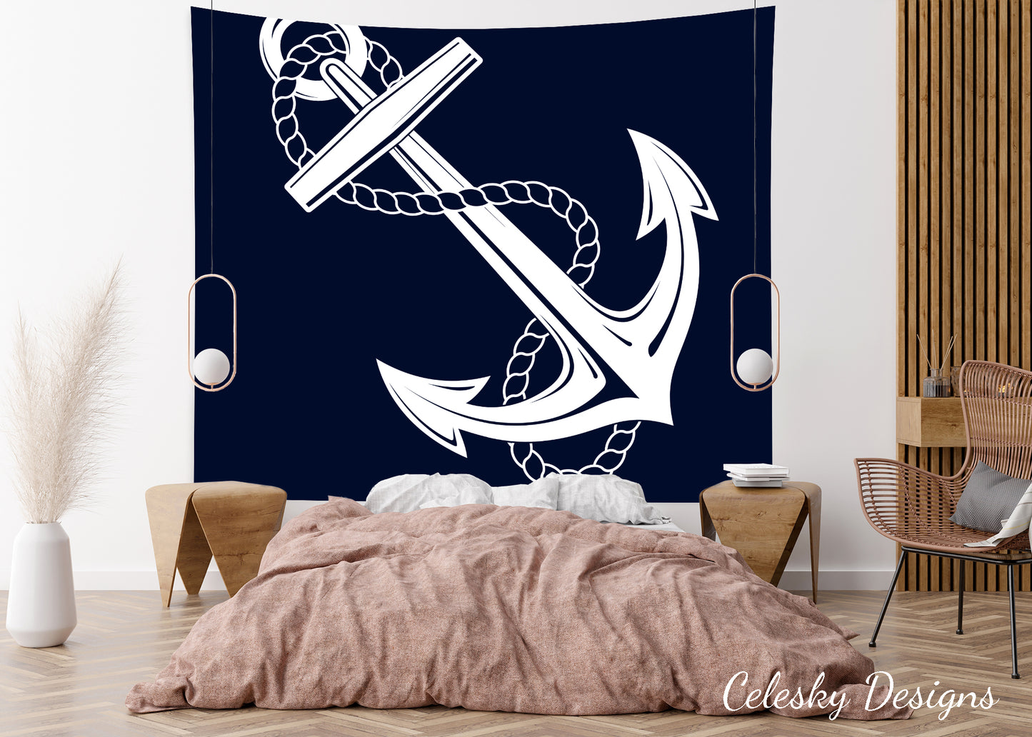 Anchor tapestry nautical tapestry navy white rope anchors wall hanging boating tapestries ocean beach decor