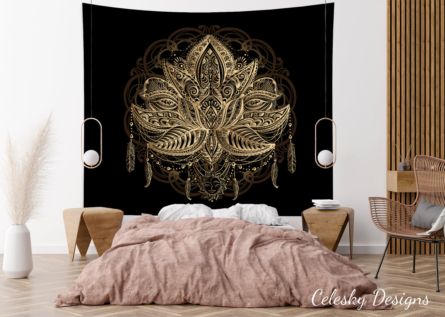 Lotus Tapestry Spiritual Tapestry Sacred Geometry Wall Hanging black gold