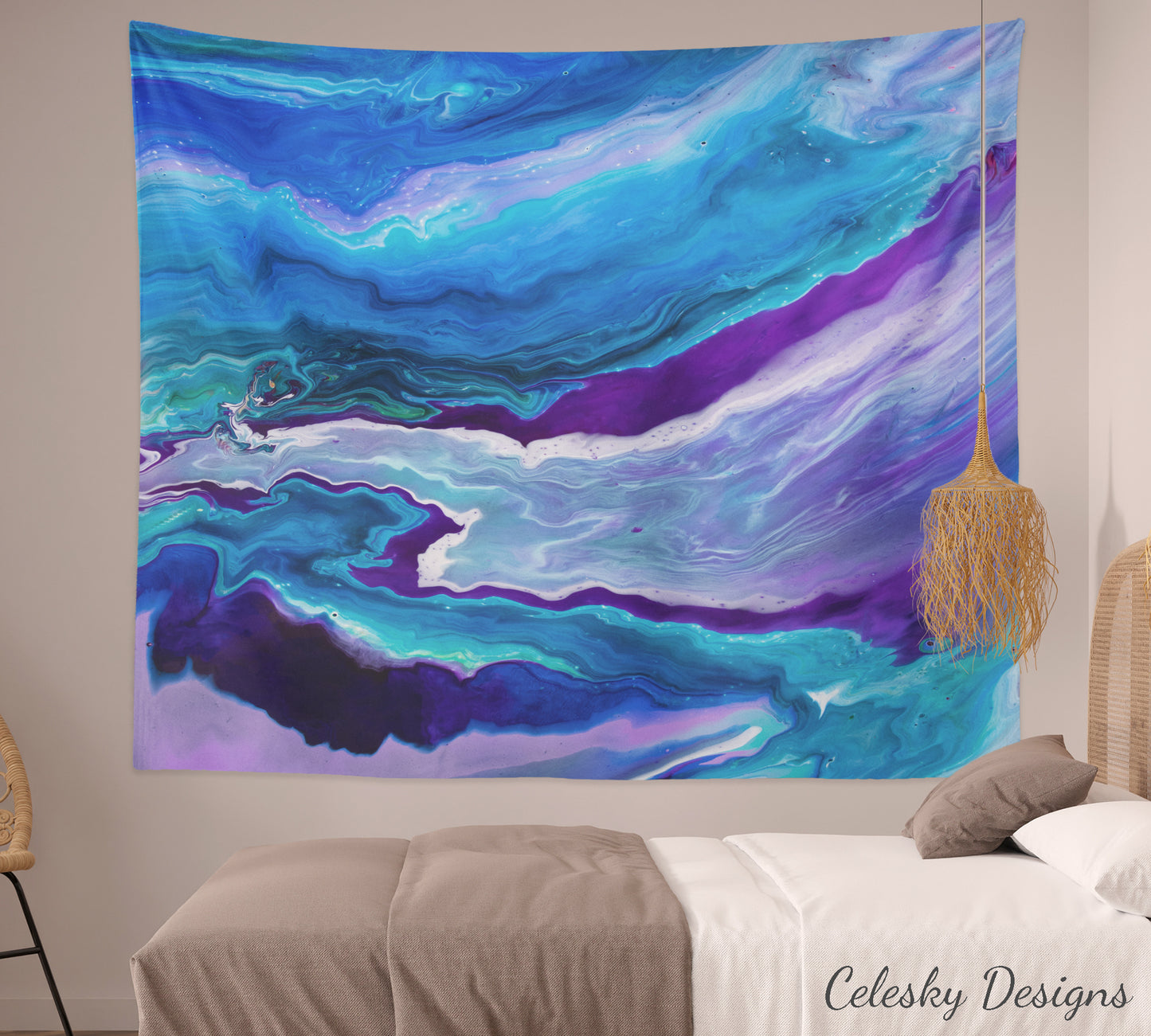 Abstract Blue Tapestry Psychadelic abstract Art Wall Hanging Artsy Unique Colorful Gift Blue Ocean Tapestries Sky Aqua Calm Purple
