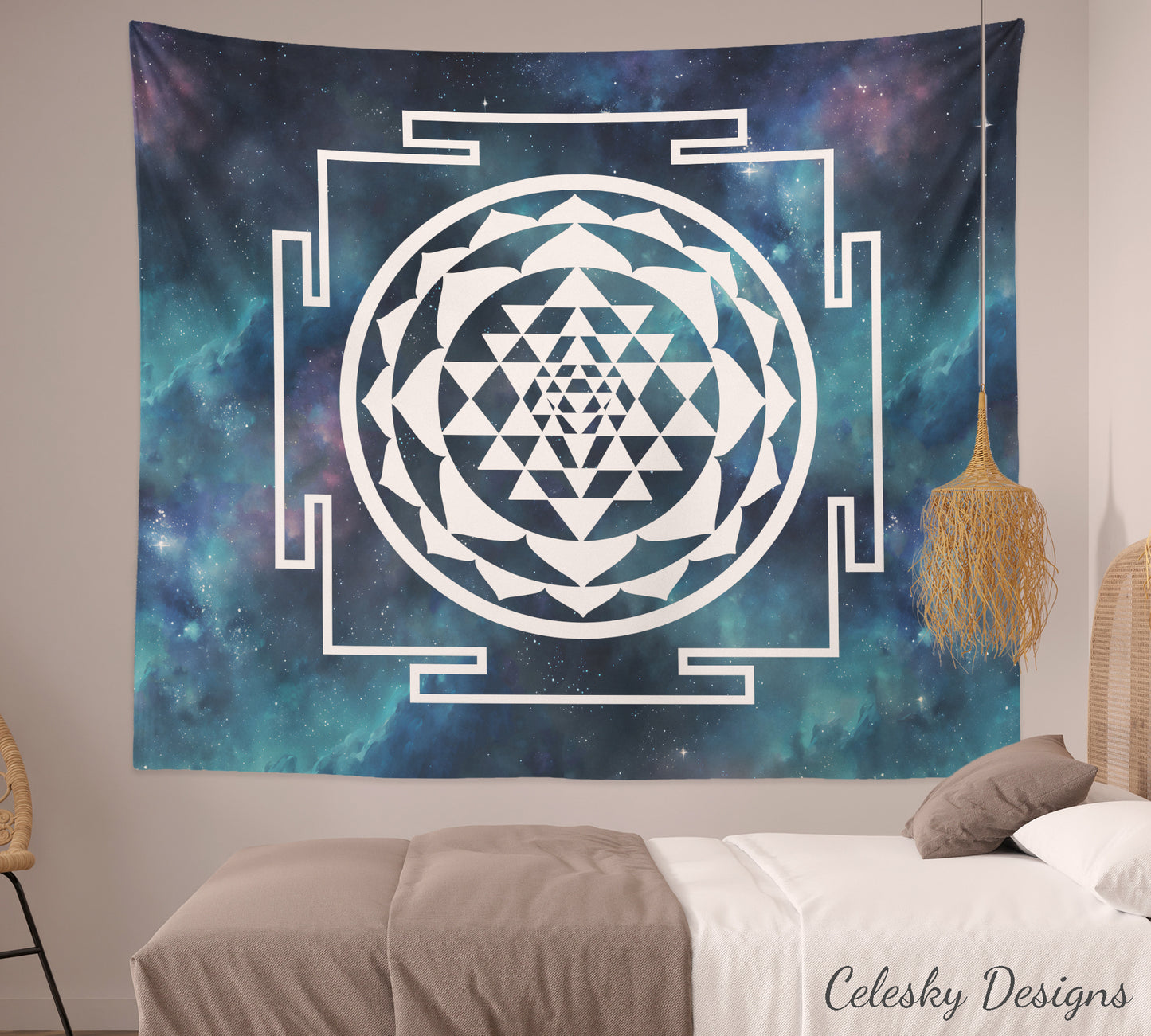 Sri Yantra Tapestry Blue galaxy sacred geometry wall art spiritual tapestries