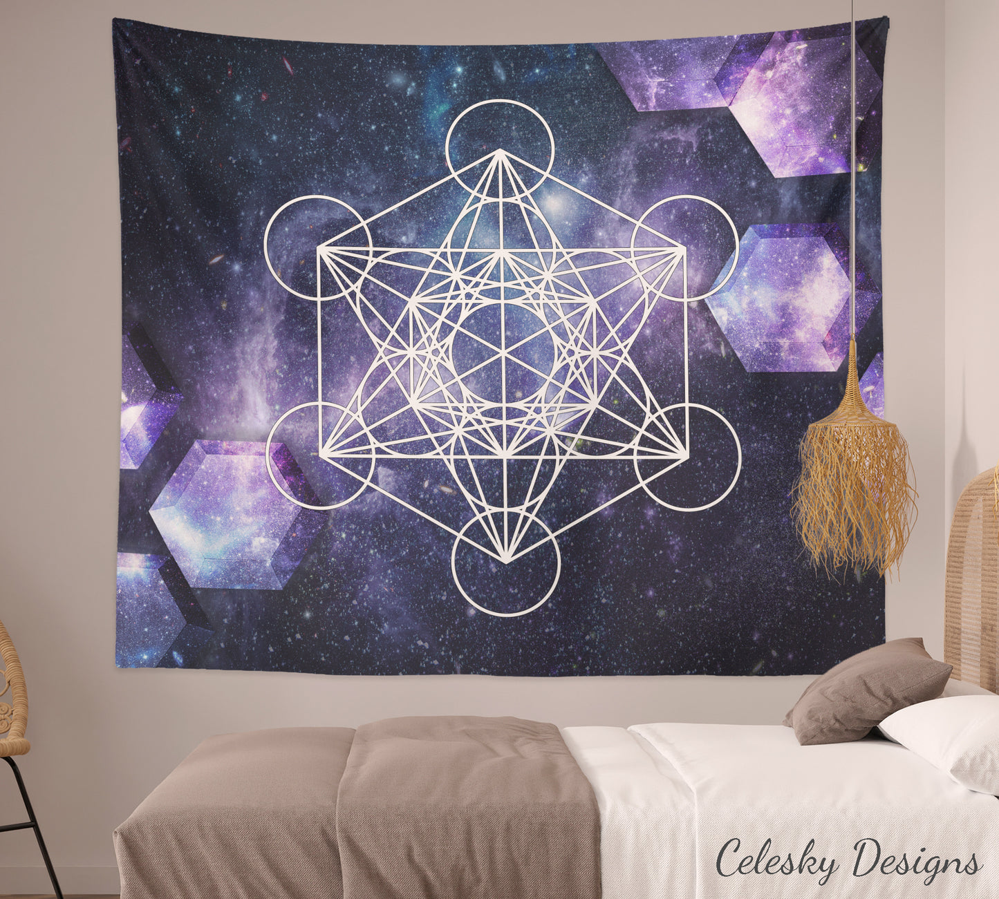 Metatron's Cube Tapestry sacred geometry blue purple galaxy Wall Hanging Tapestries Spiritual Tapestry