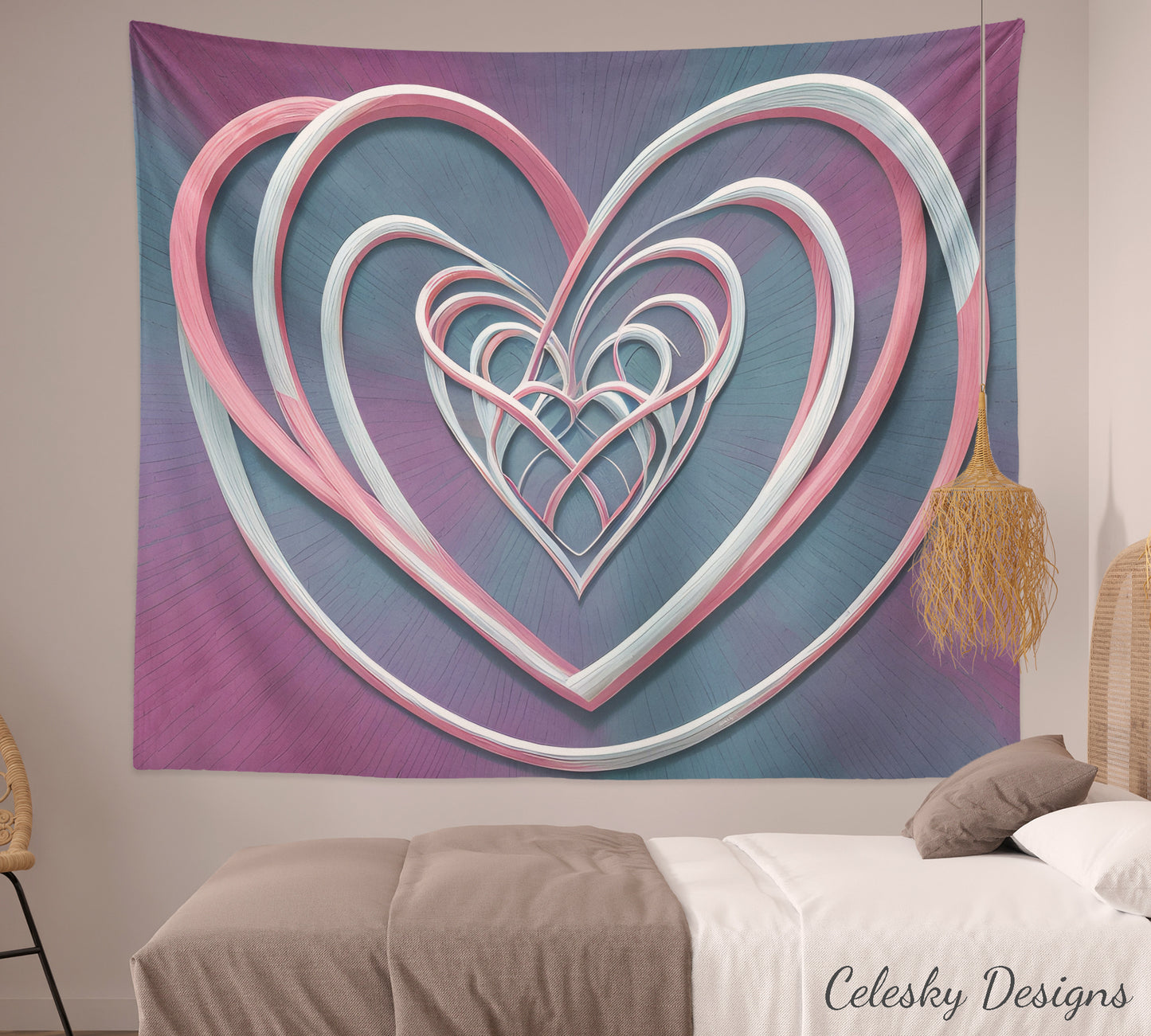 Hearts Tapestry Intertwined heart wall art love tapestry blue pink tapestries hippy tapestry