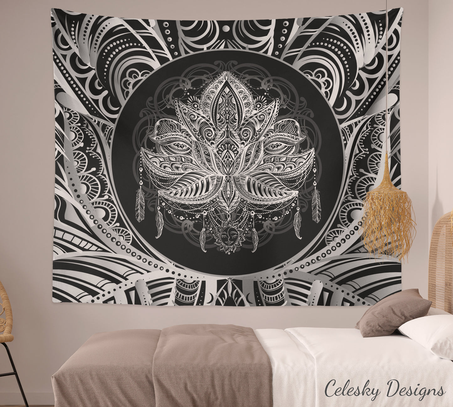 Lotus Tapestry Spiritual Tapestry Sacred Geometry Wall Hanging black white gray Tapestry Boho Wall Decor Lotus Tapestry Spiritual Decor