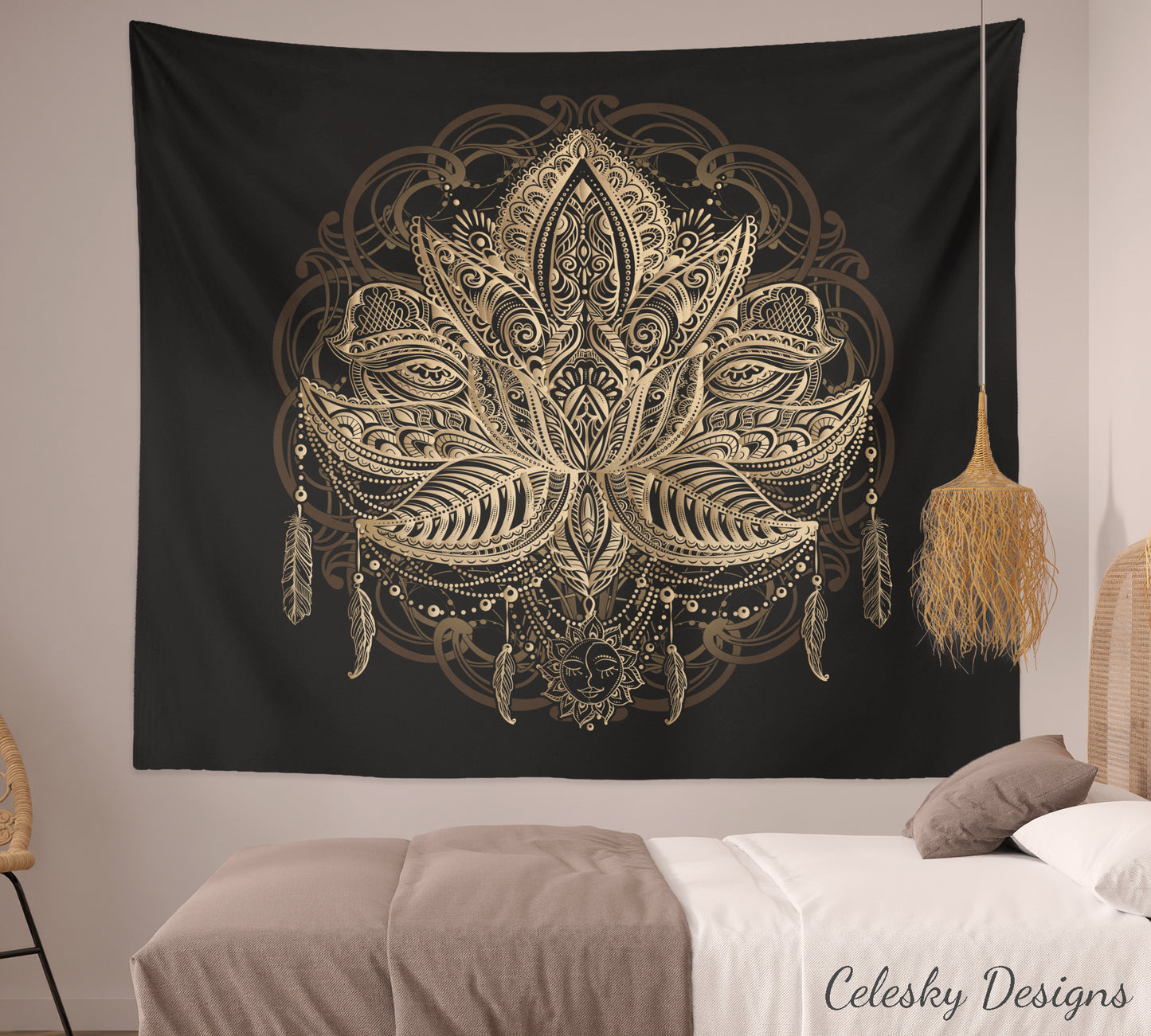 Lotus Tapestry Spiritual Tapestry Sacred Geometry Wall Hanging black gold