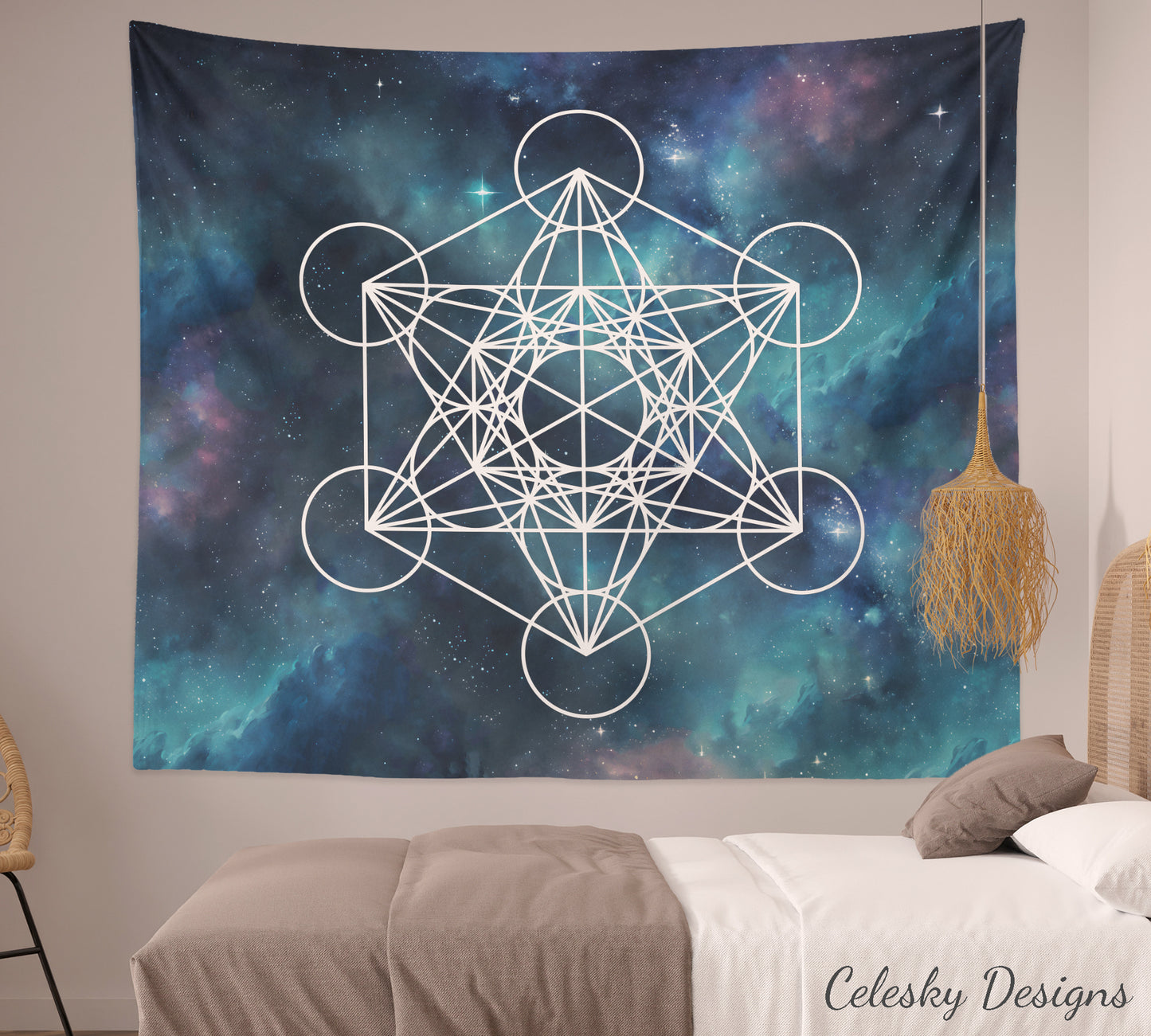 Metatron's Cube Tapestry Sacred Geometry Tapestry galaxy metatrons Wall Hanging blue Tapestry spiritual tapestry