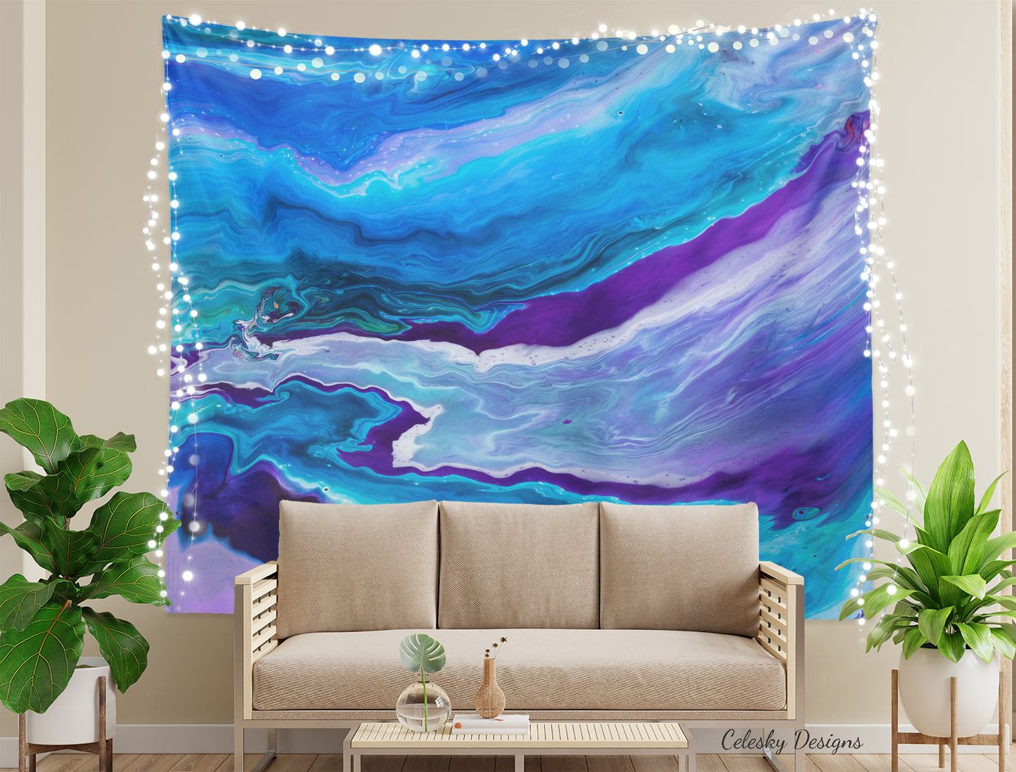 Abstract Blue Tapestry Psychadelic abstract Art Wall Hanging Artsy Unique Colorful Gift Blue Ocean Tapestries Sky Aqua Calm Purple