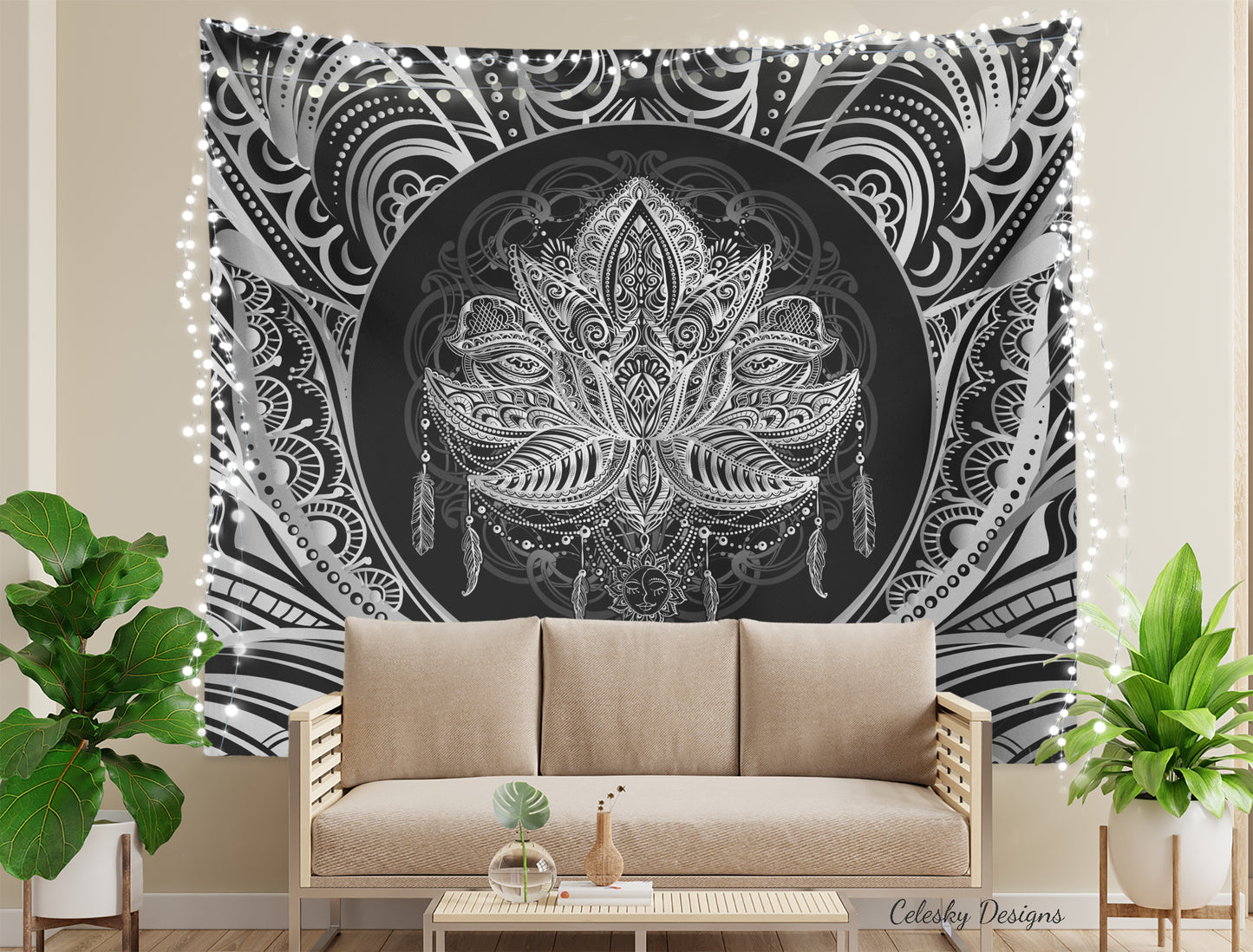 Lotus Tapestry Spiritual Tapestry Sacred Geometry Wall Hanging black white gray Tapestry Boho Wall Decor Lotus Tapestry Spiritual Decor
