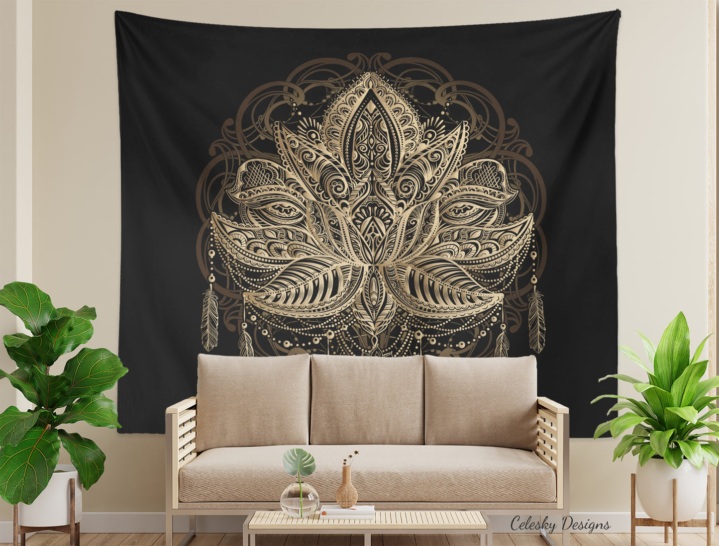 Lotus Tapestry Spiritual Tapestry Sacred Geometry Wall Hanging black gold