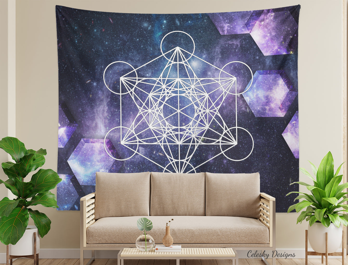 Metatron's Cube Tapestry sacred geometry blue purple galaxy Wall Hanging Tapestries Spiritual Tapestry