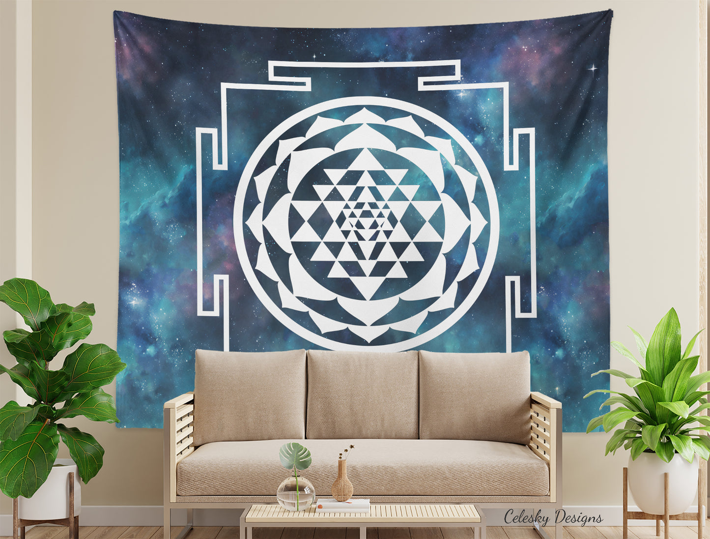 Sri Yantra Tapestry Blue galaxy sacred geometry wall art spiritual tapestries