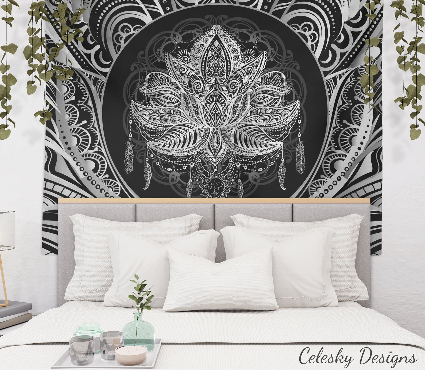 Lotus Tapestry Spiritual Tapestry Sacred Geometry Wall Hanging black white gray Tapestry Boho Wall Decor Lotus Tapestry Spiritual Decor