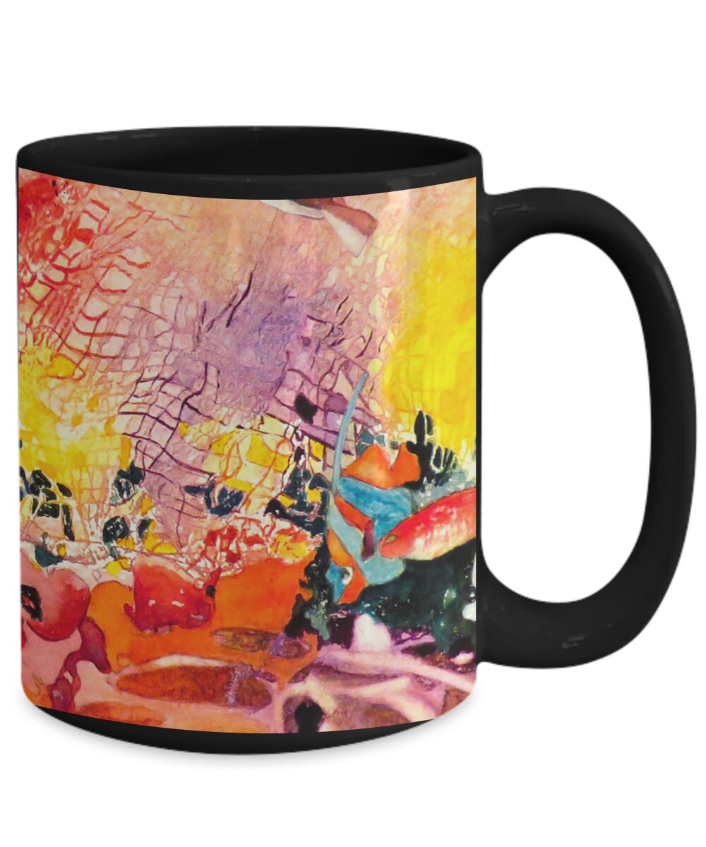 Ocean Mug Under the Sea Abstract Coffee Mug Unique Artsy Gift 15oz white or black cheap Abstract Art Colorful Mugs fish mugs coral orange