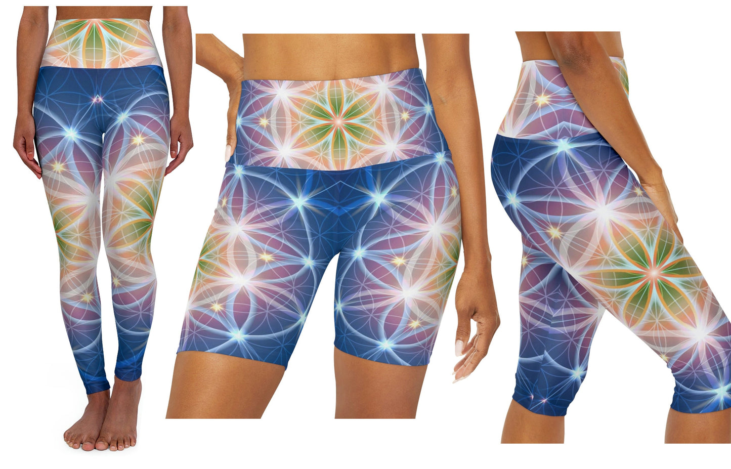 Blue Flower of Life yoga pants sacred geometry legging yoga pants capri ankle length shorts leggings spiritual pants