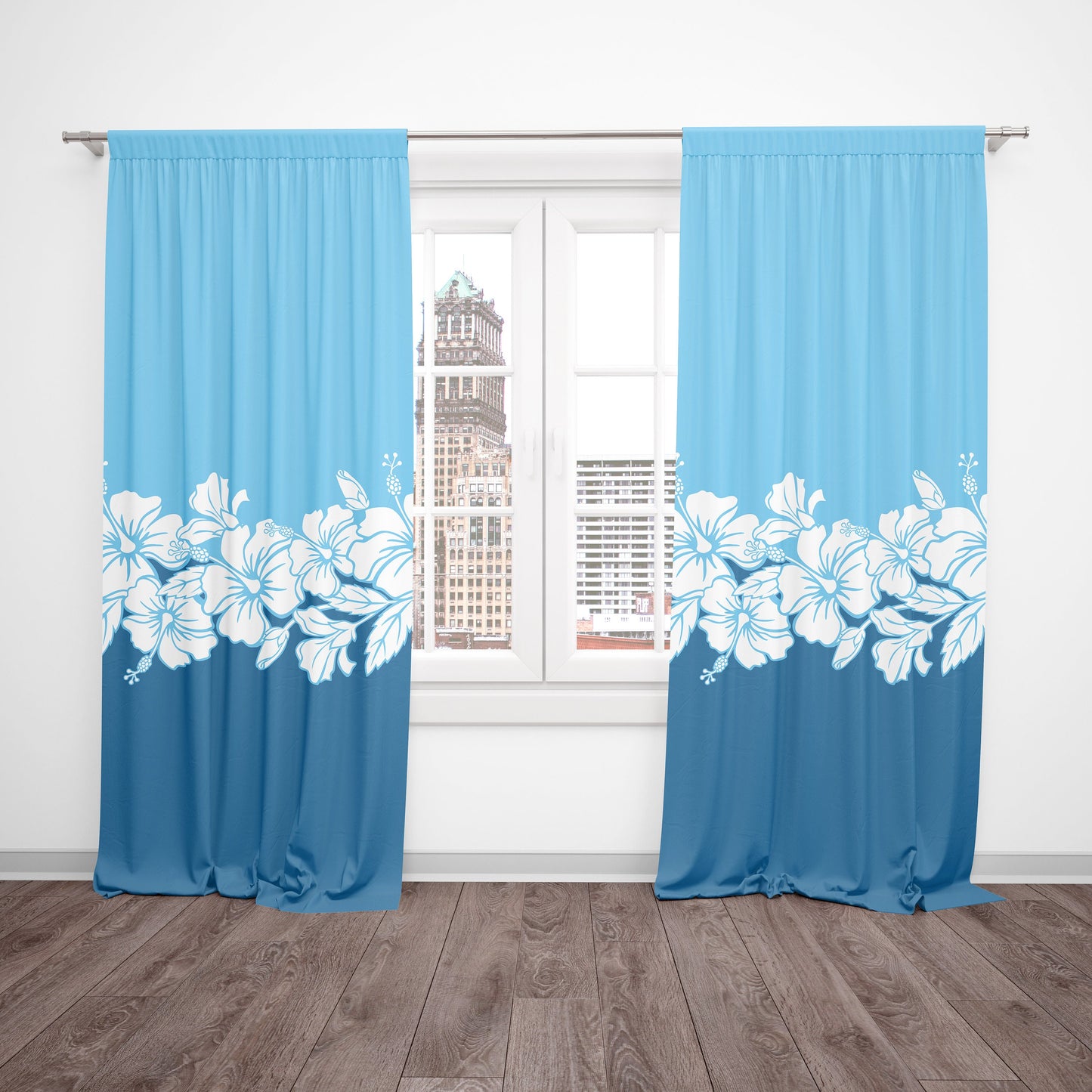 Hawaiian Hibiscus Window Curtains blue hawaii flowers drapery ocean beach tropical drapes