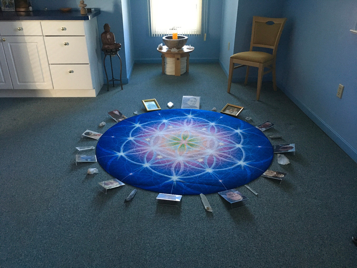 Blue Sacred Geometry Round Rug 5FT crystal grid spiritual Rug flower of life Floor Rug 5' Mat