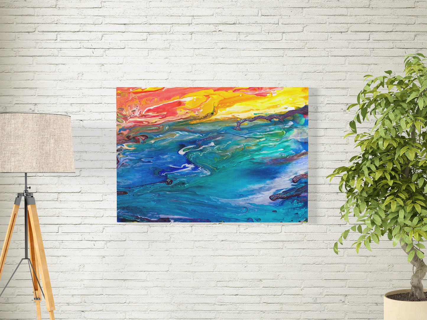 Abstract Ocean Canvas Wrap blue yellow colorful art beach artwork water