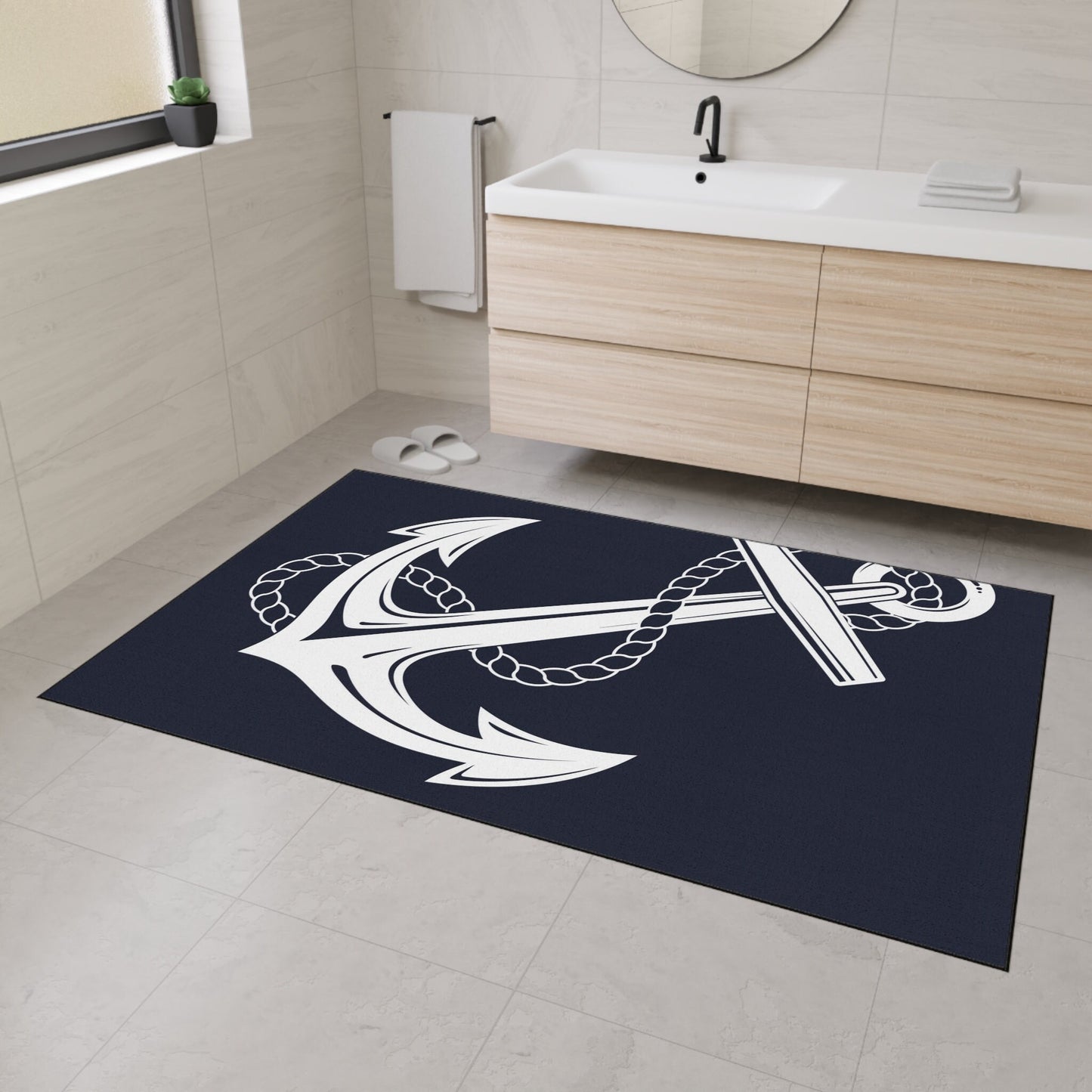 Indoor/Outdoor Anchor Navy Floor Rug outdoor rug navy nautical anchors floor mat outdoor boating rug marine coastal beach rug