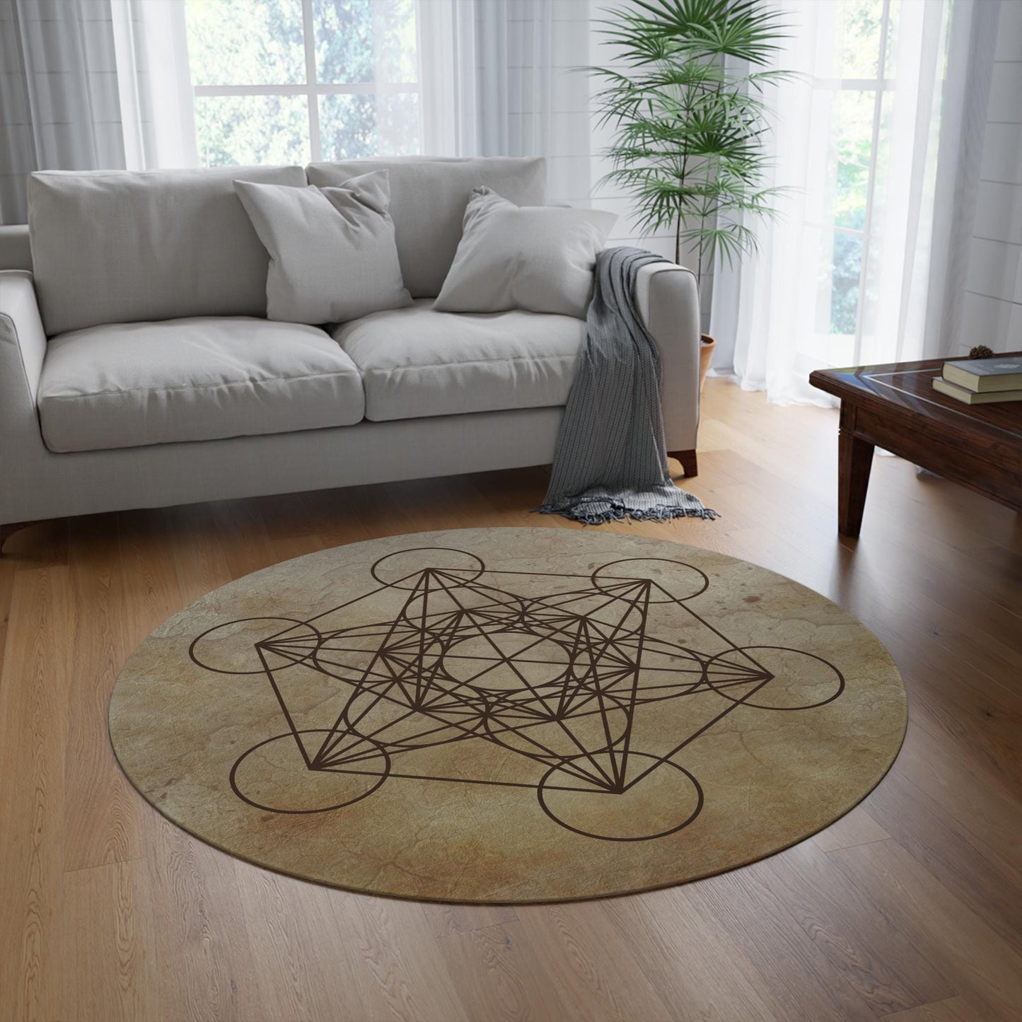 Metatron's Cube Round Rug 5FT Sacred Geometry Rug Beige Rug brown metatrons cube 5' circle rug metatron rugs