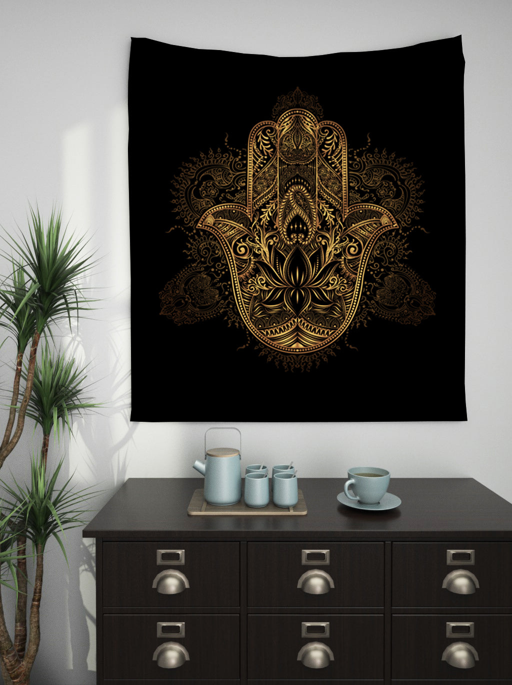 Hasma Hand of Fatima Tapestry spiritual Wall Art black gold tapestries