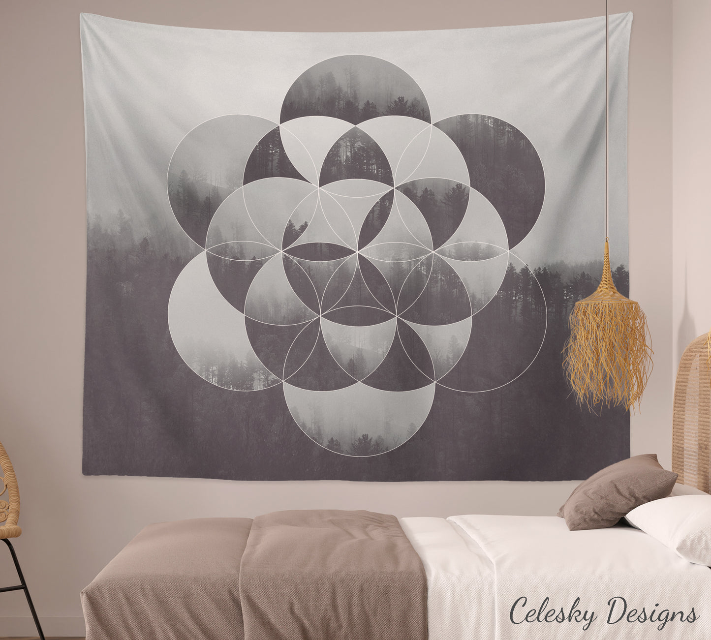 Sacred Geometry Gray Tapestry Flower of Life Tapestry Deep Purple Tapestry Woods Forest Trees