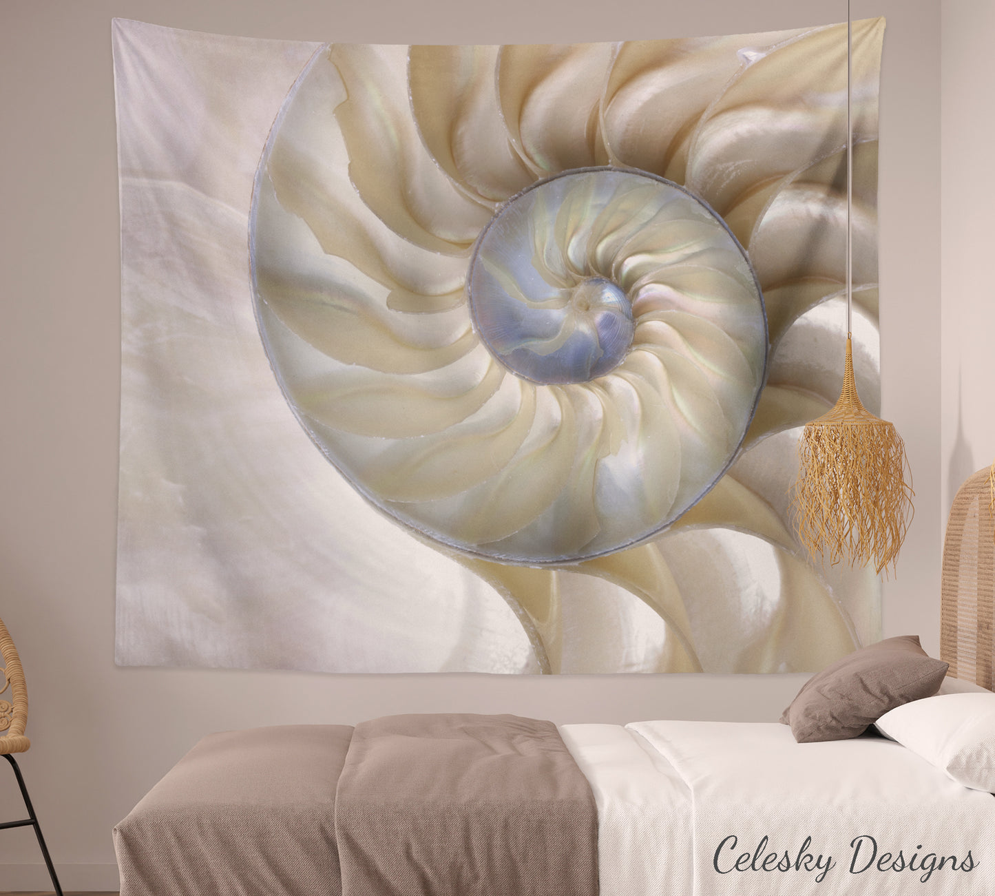 Fibonacci Shell tapestry beige beach tapestry nautilus shell art ocean tapestry