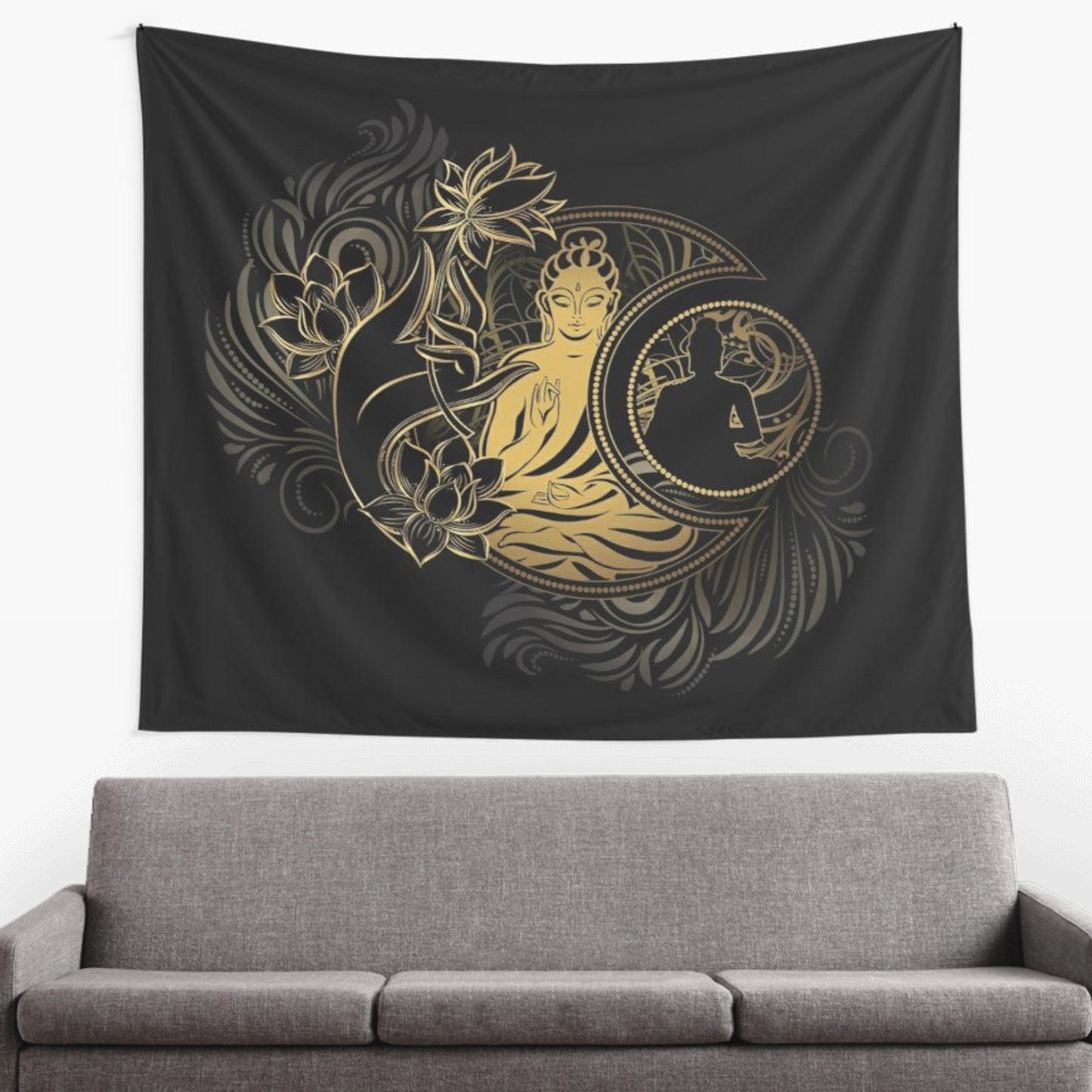 Buddha Tapestry lotus flower black gold spiritual tapestry